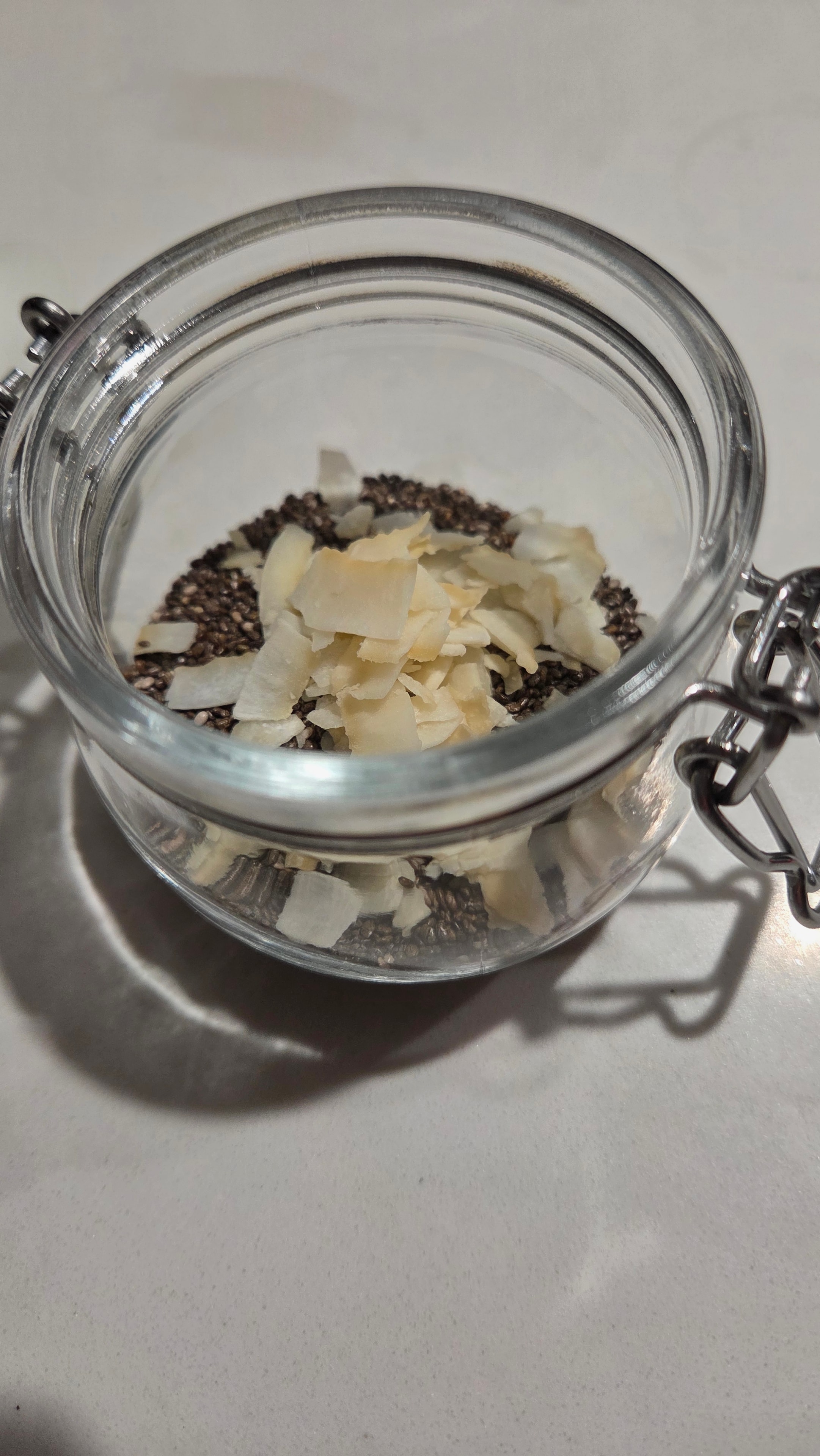 Coconut chia pudding topped with coconut flakes