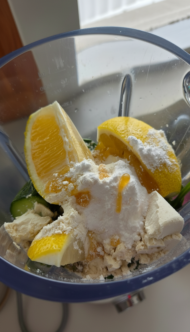 Lemon wedges, whey protein, creatine, honey and cucumber loaded into the blender — all the ingredients before blending