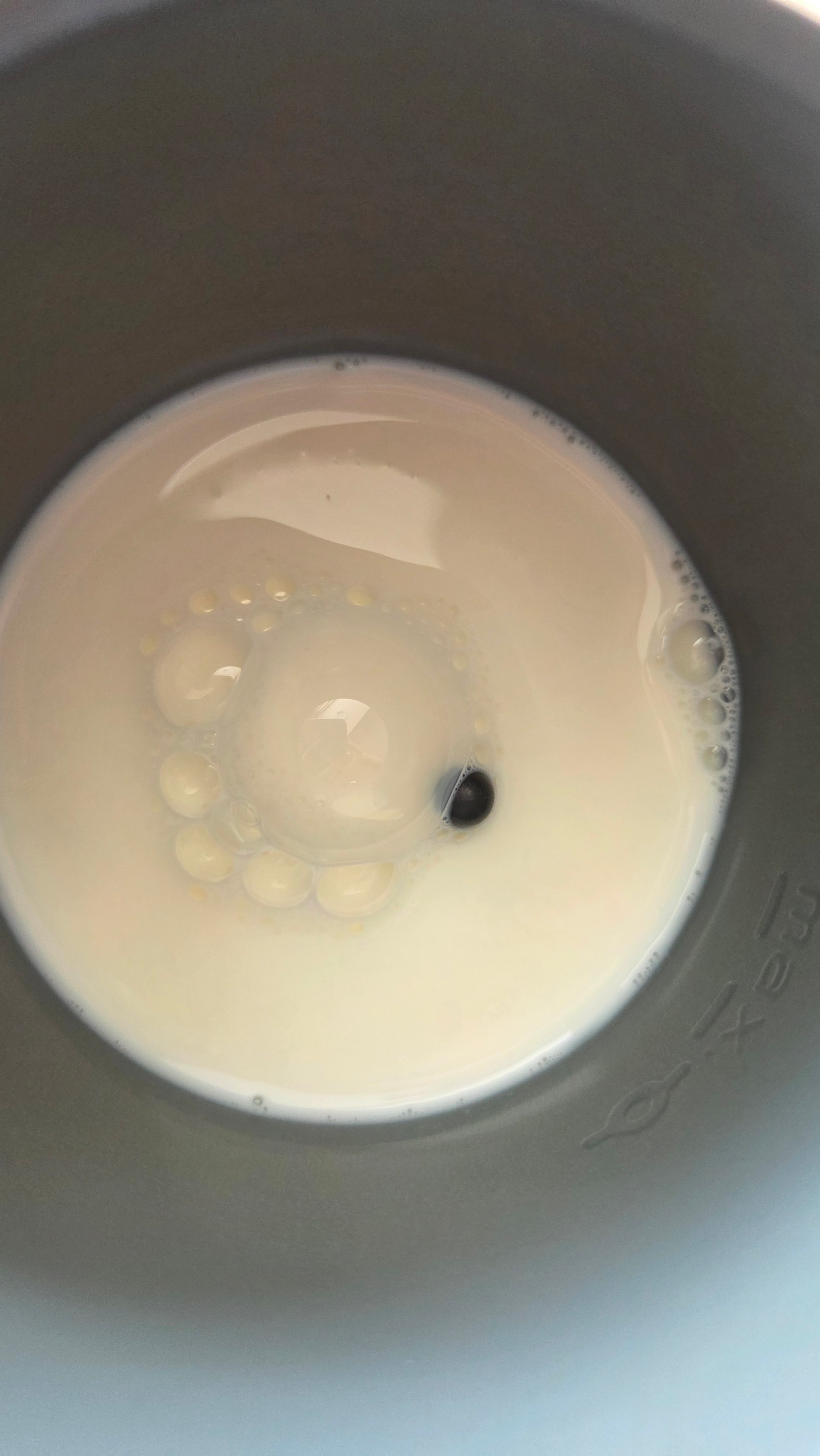 Organic whole milk in the Aeroccino frother ready to be frothed cold