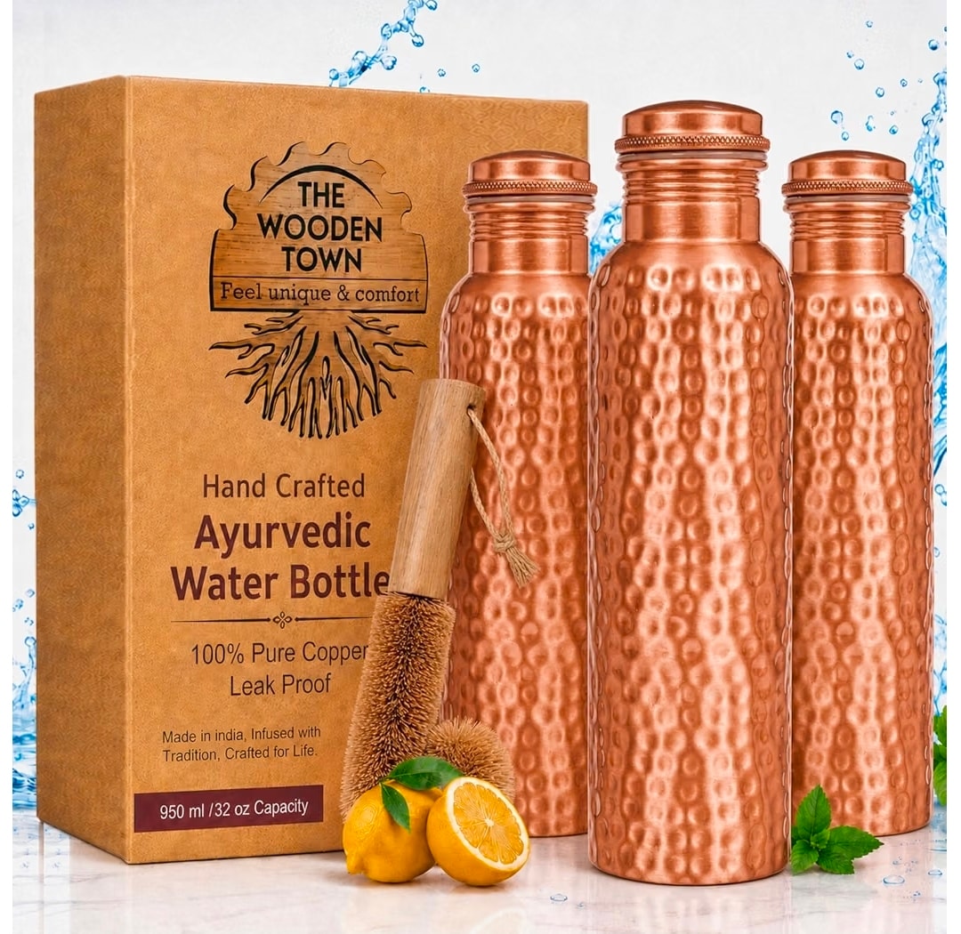 The Wooden Town Ayurvedic Pure Copper Bottle, 3-Pack, 950ml / 32 oz