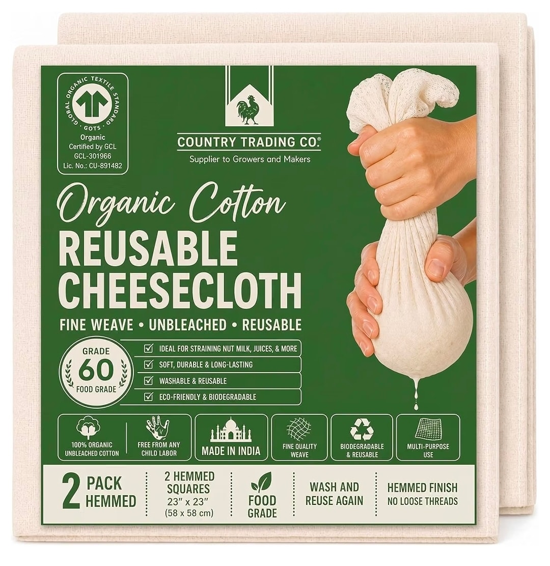 Country Trading Co. Organic Cheesecloth, 2 Hemmed 23x23 Squares, Reusable