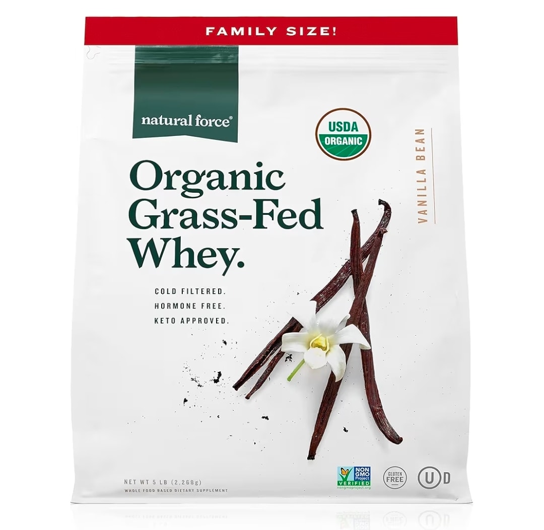 Natural Force Organic Grass-Fed Whey Protein Powder, Vanilla Bean, 5 lb